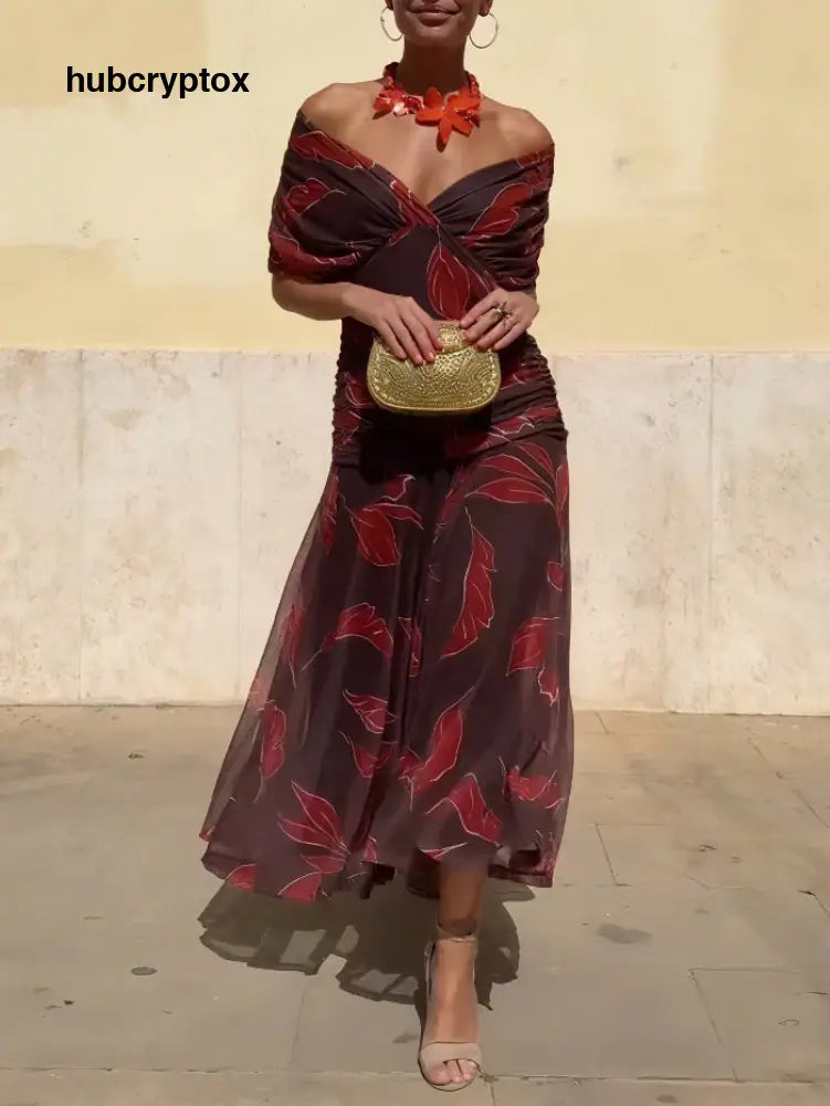 Elegant Off-Shoulder Ruched Leaf Print Maxi Dress - Brown / S