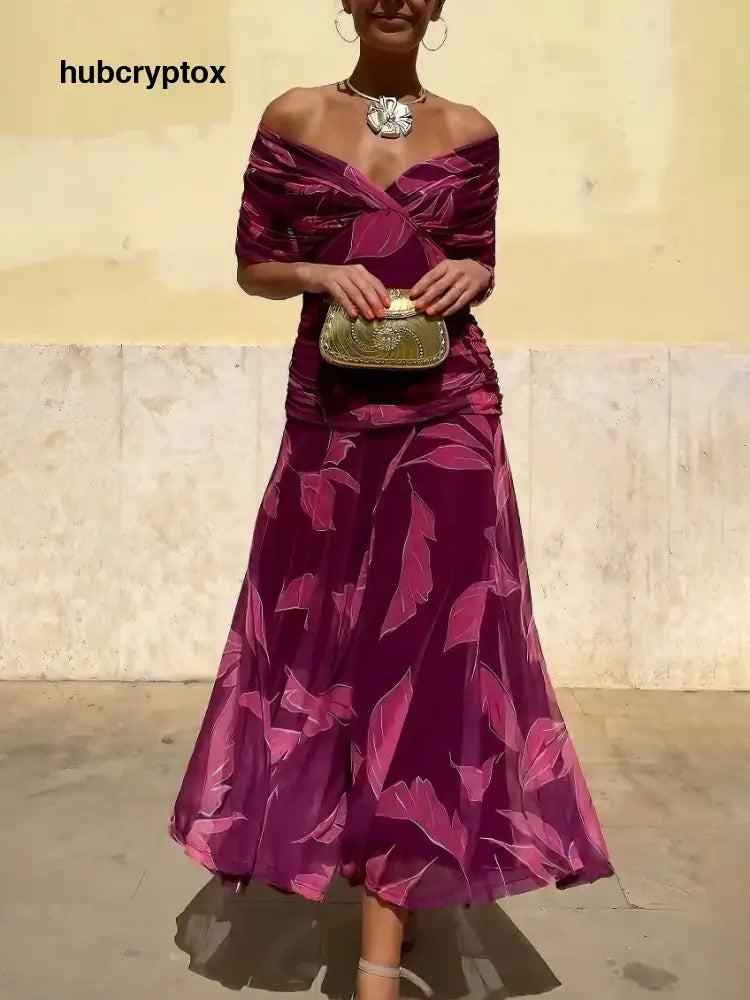 Elegant Off-Shoulder Ruched Leaf Print Maxi Dress - Rose Red / S