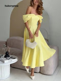 Elegant Off-the-shoulder Draped Maxi Dress - Yellow / S