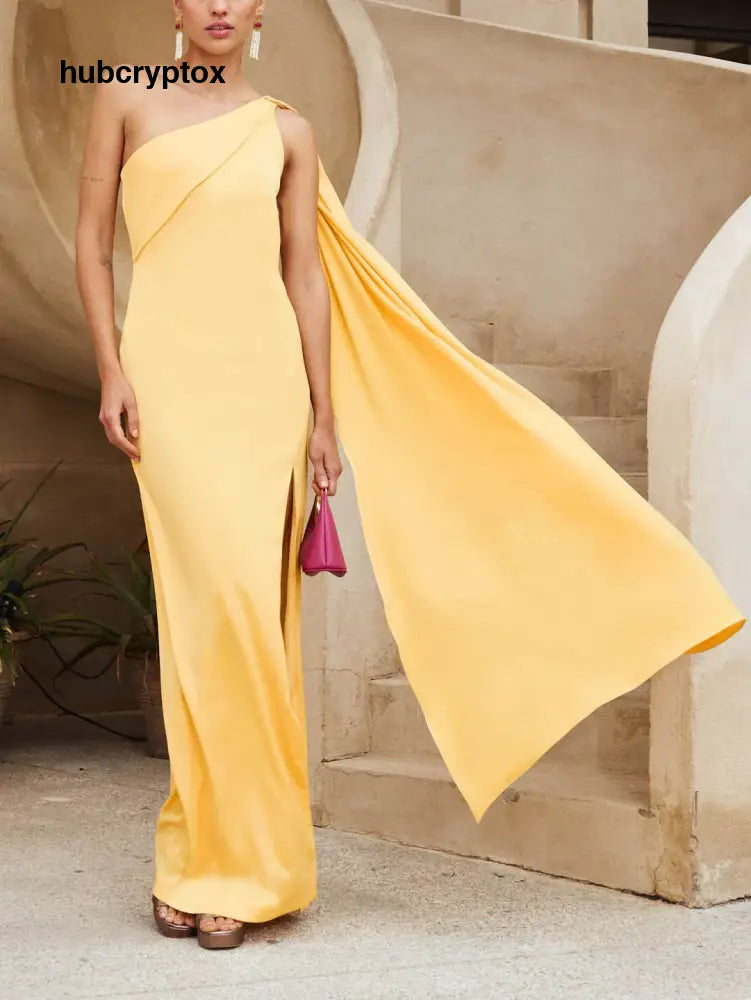 Elegant One-Shoulder Draped Cape Maxi Dress - Yellow / S