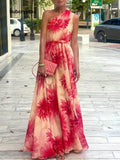 Elegant One-Shoulder Floral Print Tie-Waist Maxi Dress - Red / S