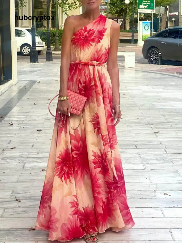 Elegant One-Shoulder Floral Print Tie-Waist Maxi Dress - Red / S