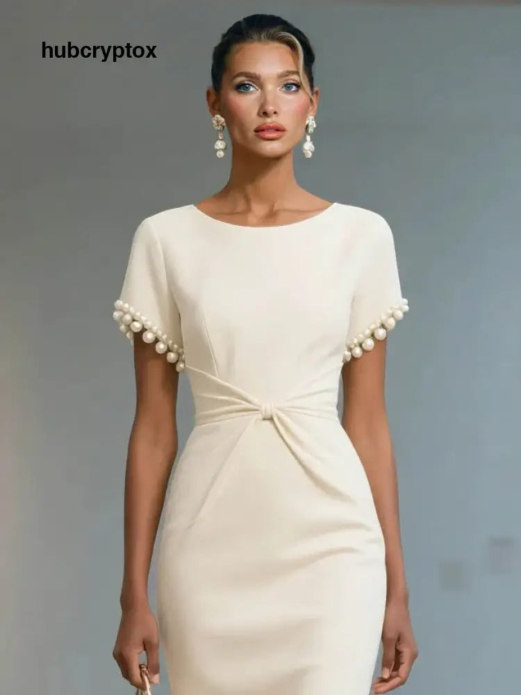 Elegant Pearl-Trim Short Sleeve Midi Dress
