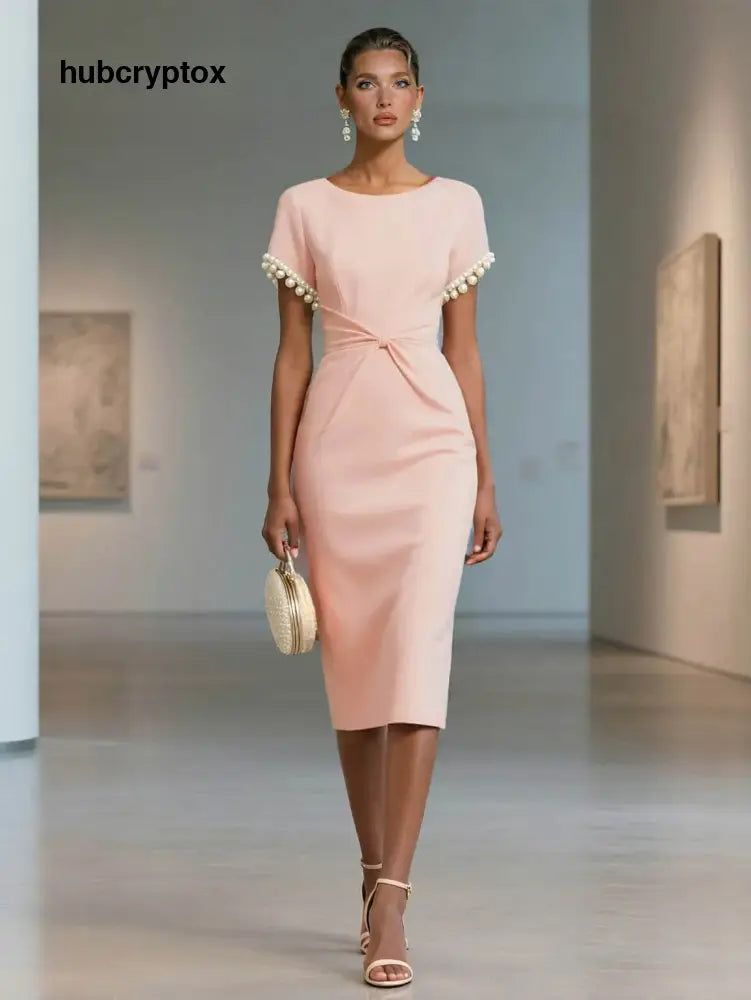 Elegant Pearl-Trim Short Sleeve Midi Dress - Pink / S