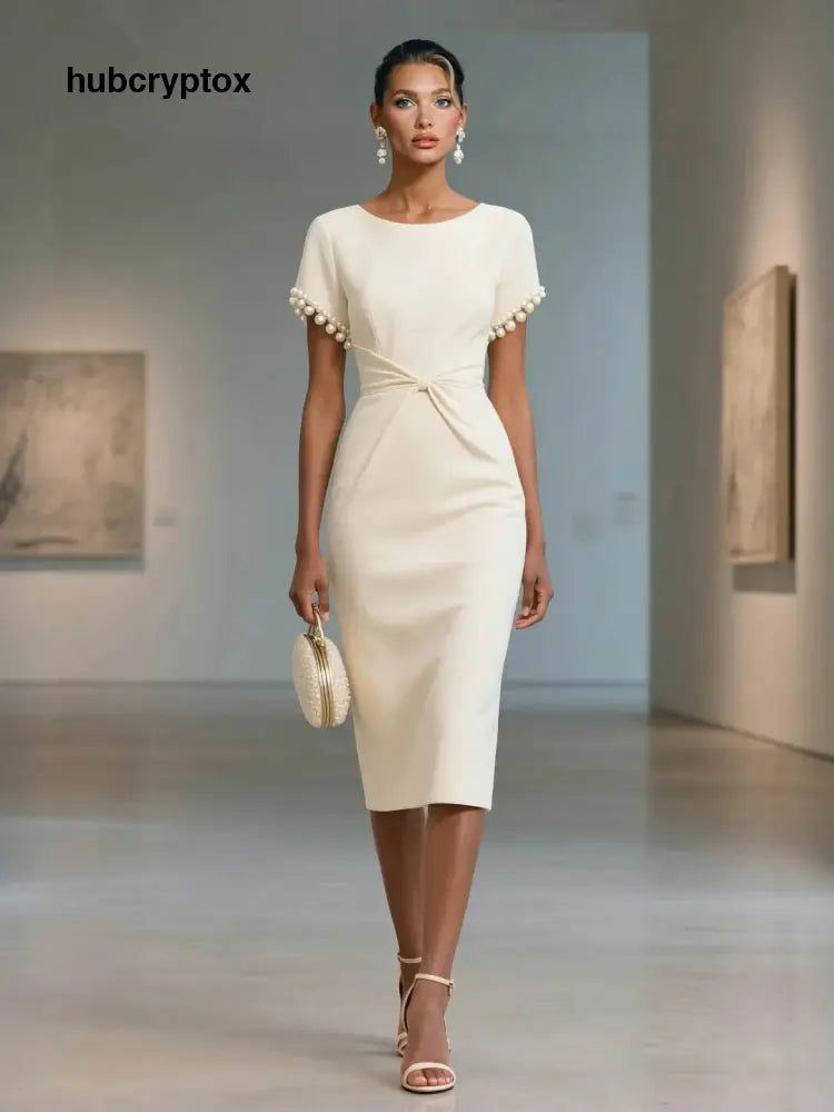 Elegant Pearl-Trim Short Sleeve Midi Dress - White / S
