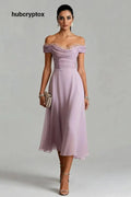 Elegant Peplum Pleated Chiffon Off The Shoulder Sleeveless A-Line Midi Dress - Purple / S