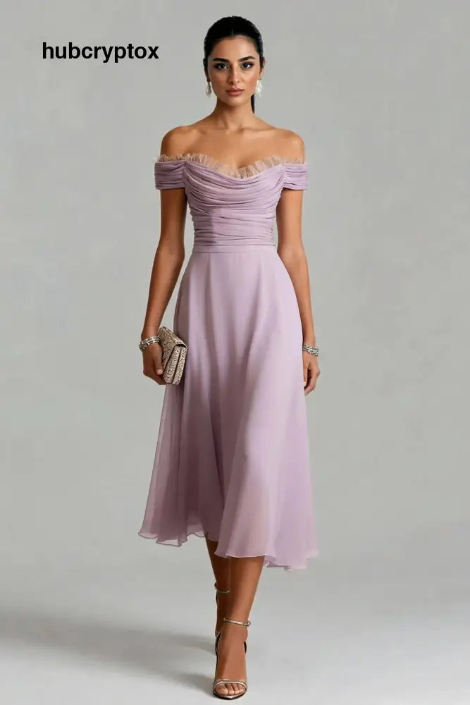 Elegant Peplum Pleated Chiffon Off The Shoulder Sleeveless A-Line Midi Dress - Purple / S