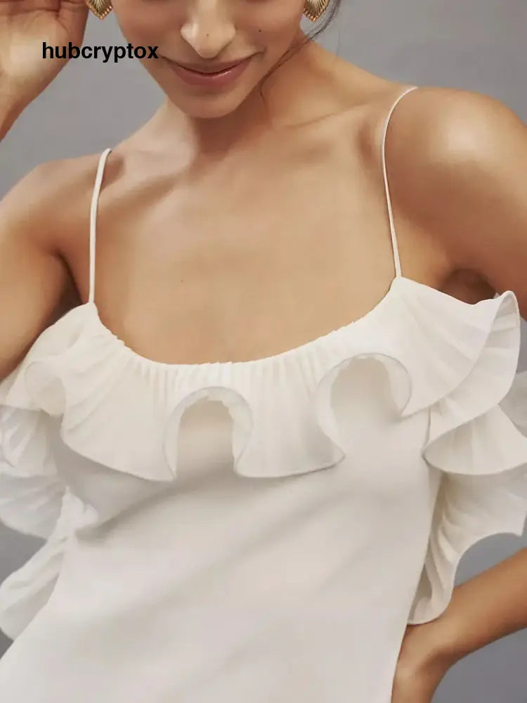 Elegant Pleated Chiffon Ruffle Trim Spaghetti Strap Maxi Dress