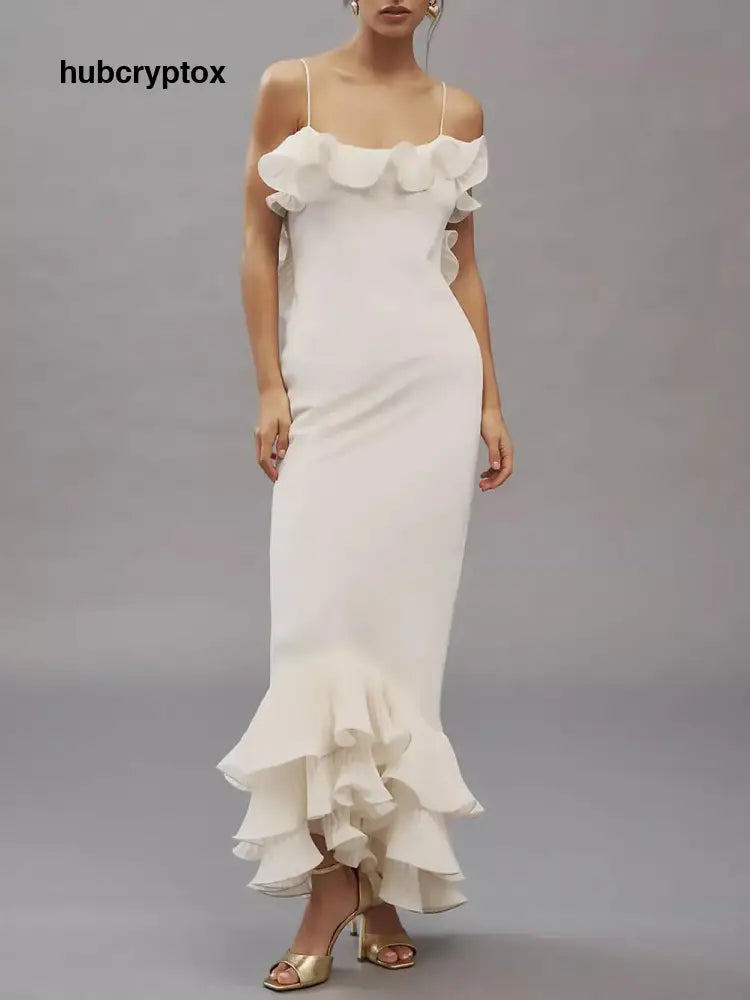 Elegant Pleated Chiffon Ruffle Trim Spaghetti Strap Maxi Dress