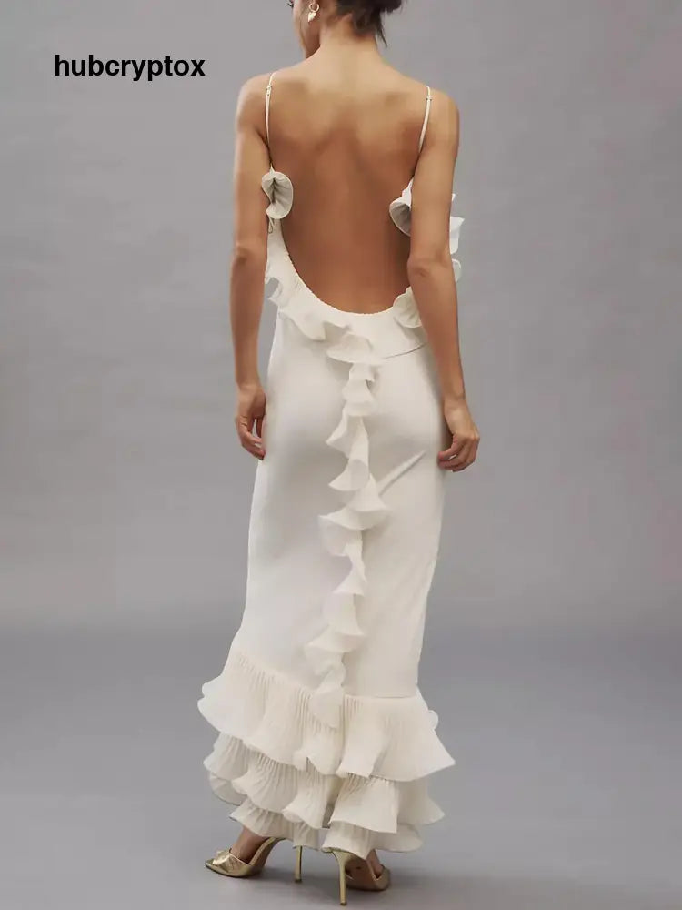 Elegant Pleated Chiffon Ruffle Trim Spaghetti Strap Maxi Dress