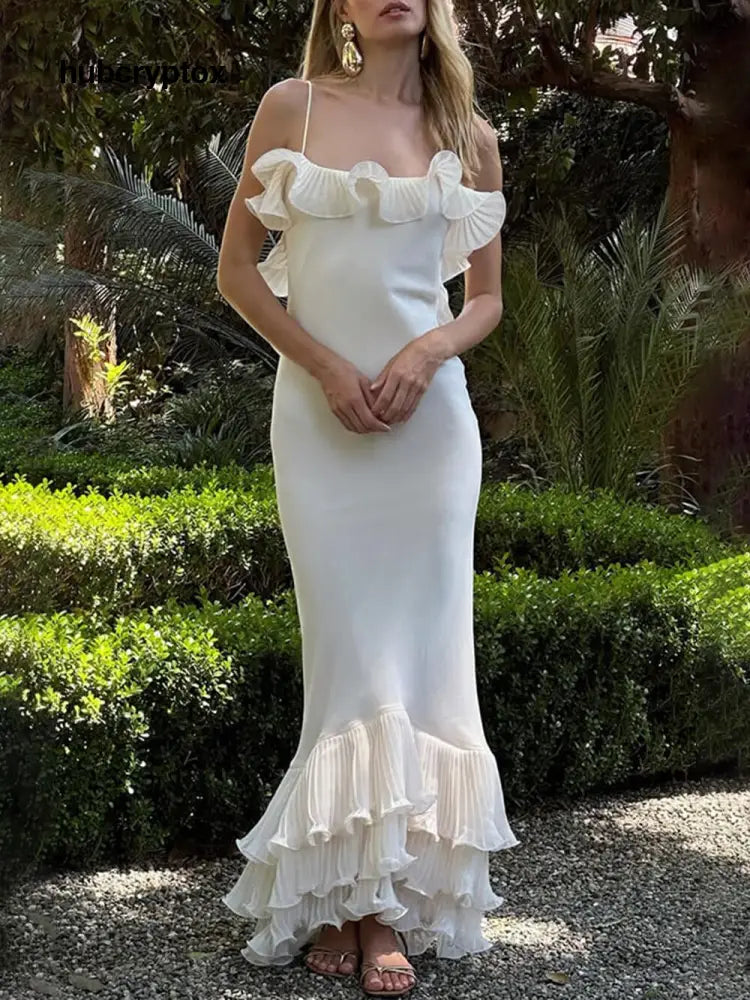 Elegant Pleated Chiffon Ruffle Trim Spaghetti Strap Maxi Dress - White / S