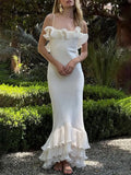 Elegant Pleated Chiffon Ruffle Trim Spaghetti Strap Maxi Dress - White / S