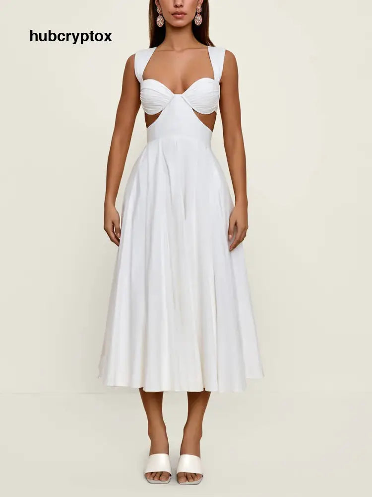 Elegant Pleated Cutout Backless Midi Dress