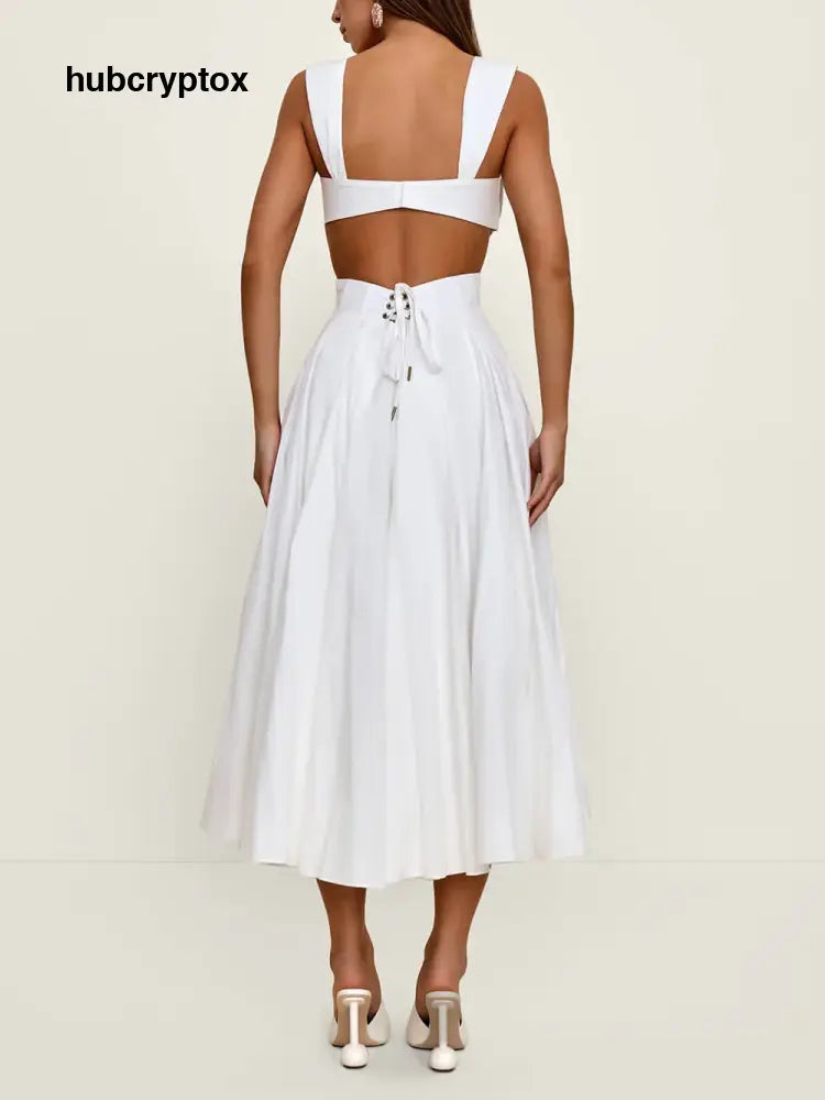 Elegant Pleated Cutout Backless Midi Dress