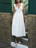 Elegant Pleated Cutout Backless Midi Dress - White / S