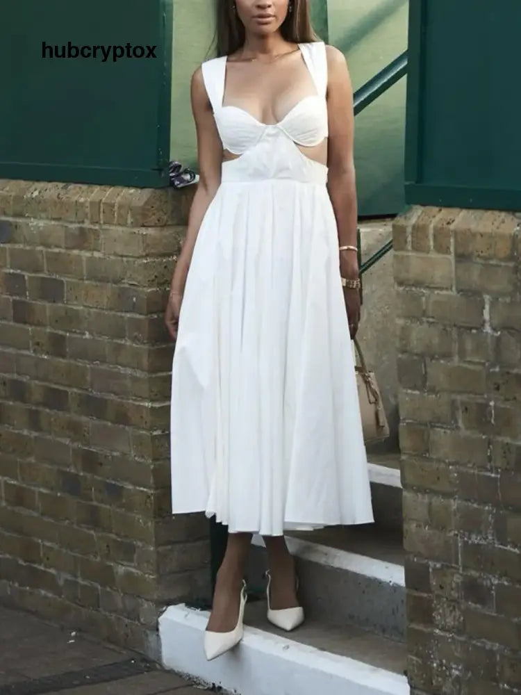 Elegant Pleated Cutout Backless Midi Dress - White / S