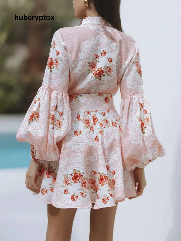 Elegant Rose Print Bow-Embellished Linen Mini Dress