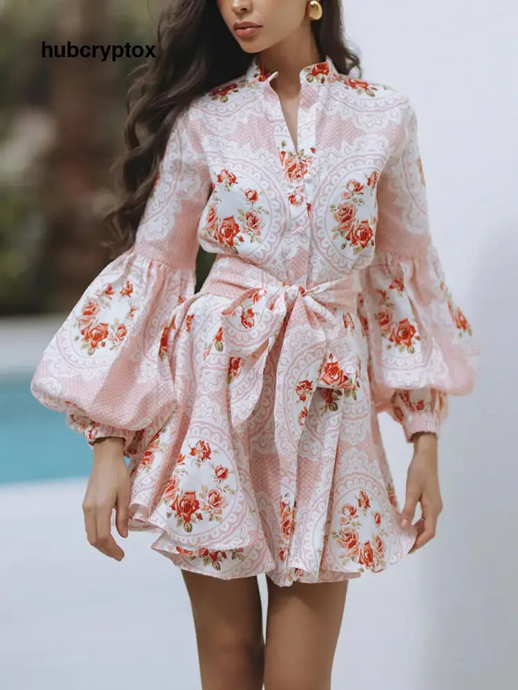 Elegant Rose Print Bow-Embellished Linen Mini Dress - Pink / S