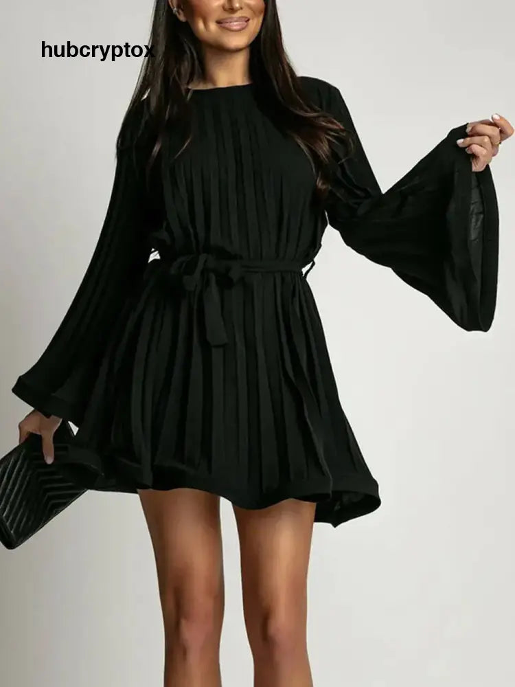 Elegant Round Neck Bell Sleeve Tie-Waist Ruched Mini Dress - Black / S