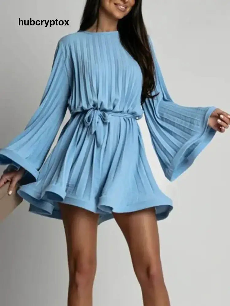 Elegant Round Neck Bell Sleeve Tie-Waist Ruched Mini Dress - Blue / S