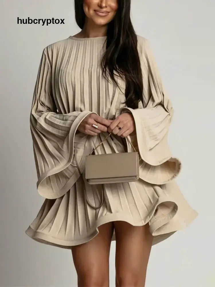 Elegant Round Neck Bell Sleeve Tie-Waist Ruched Mini Dress - Khaki / S