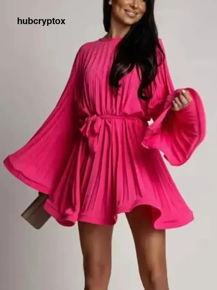 Elegant Round Neck Bell Sleeve Tie-Waist Ruched Mini Dress - Rose Red / S