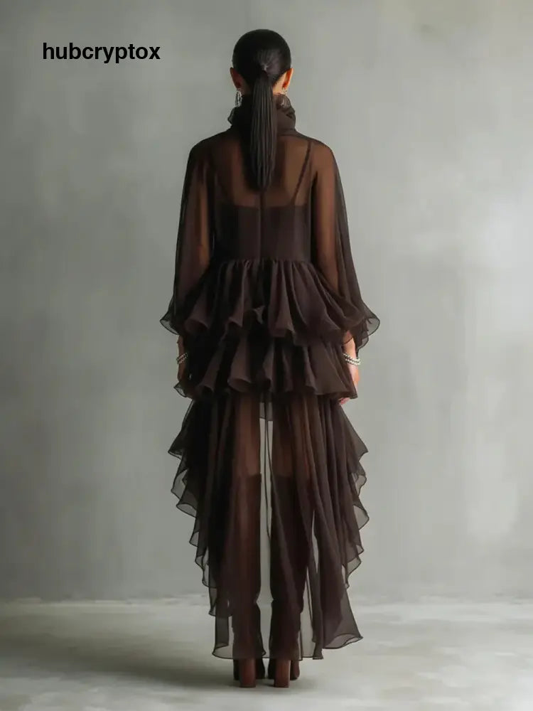 Elegant Ruffled Chiffon High-Neck Loose Midi Dress