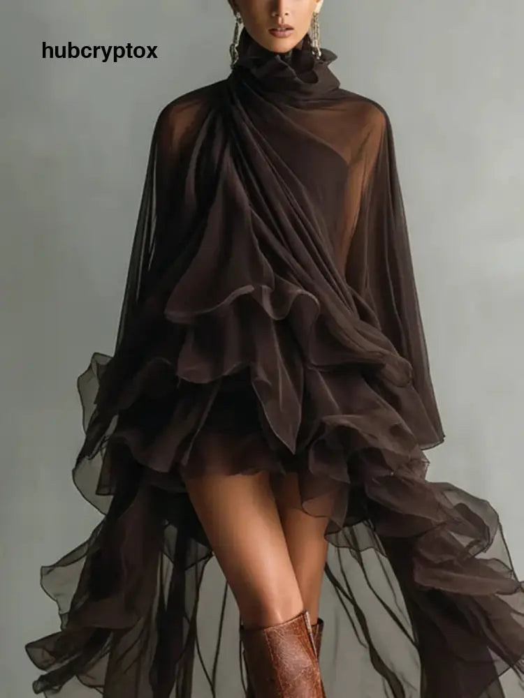 Elegant Ruffled Chiffon High-Neck Loose Midi Dress