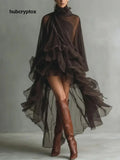 Elegant Ruffled Chiffon High-Neck Loose Midi Dress - Brown / S