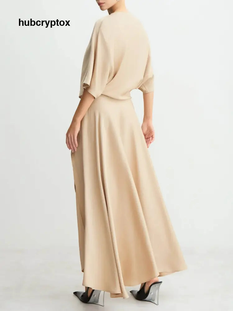 Elegant Satin Flowing Wrap Midi Dress
