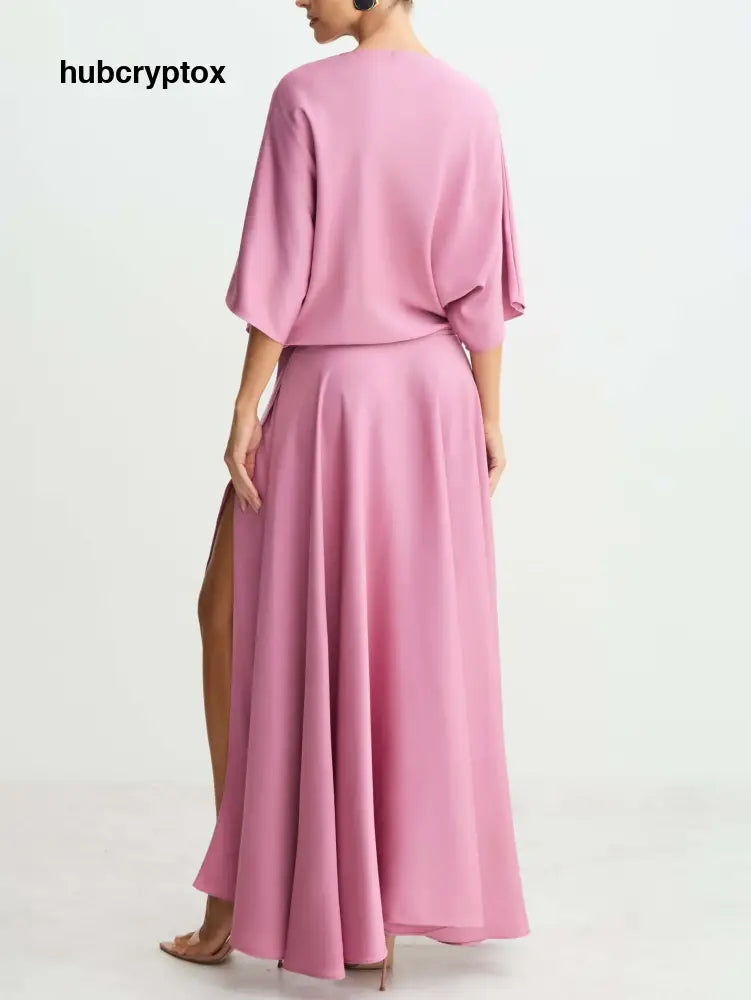 Elegant Satin Flowing Wrap Midi Dress