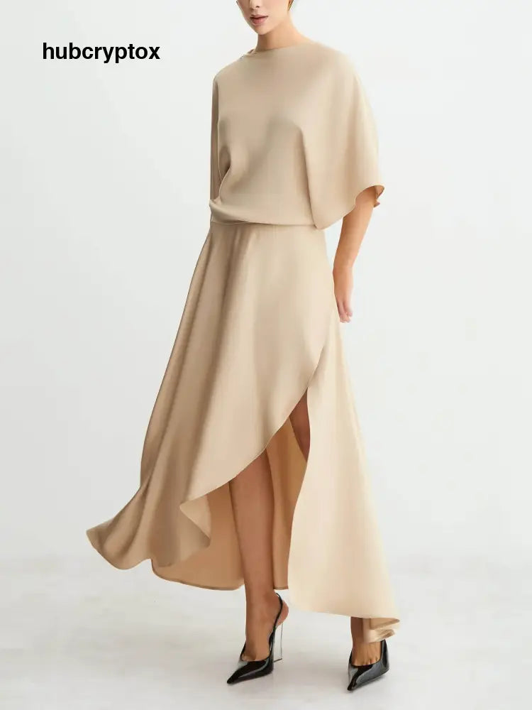 Elegant Satin Flowing Wrap Midi Dress - Apricot / S