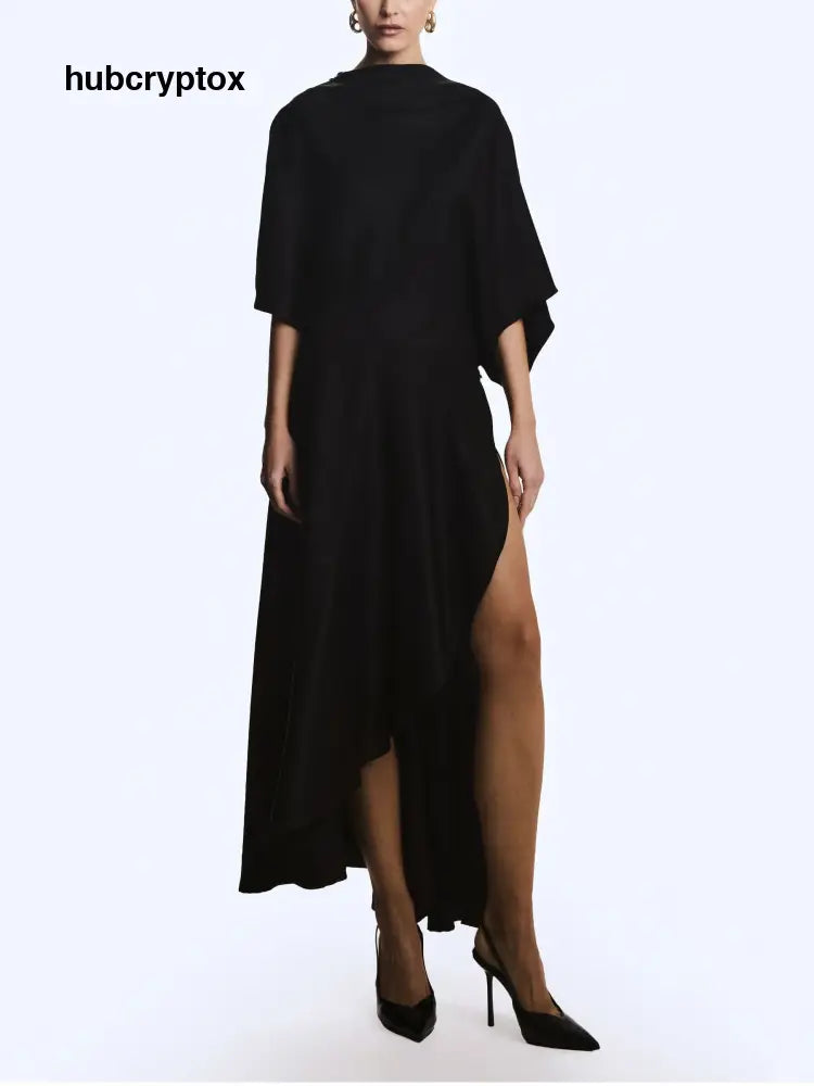 Elegant Satin Flowing Wrap Midi Dress - Black / S