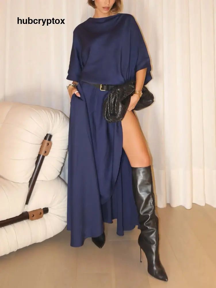 Elegant Satin Flowing Wrap Midi Dress - Dark Blue / S
