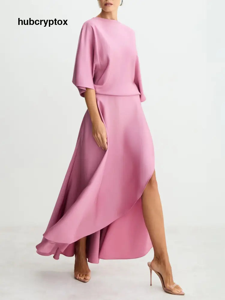 Elegant Satin Flowing Wrap Midi Dress - Purple / S