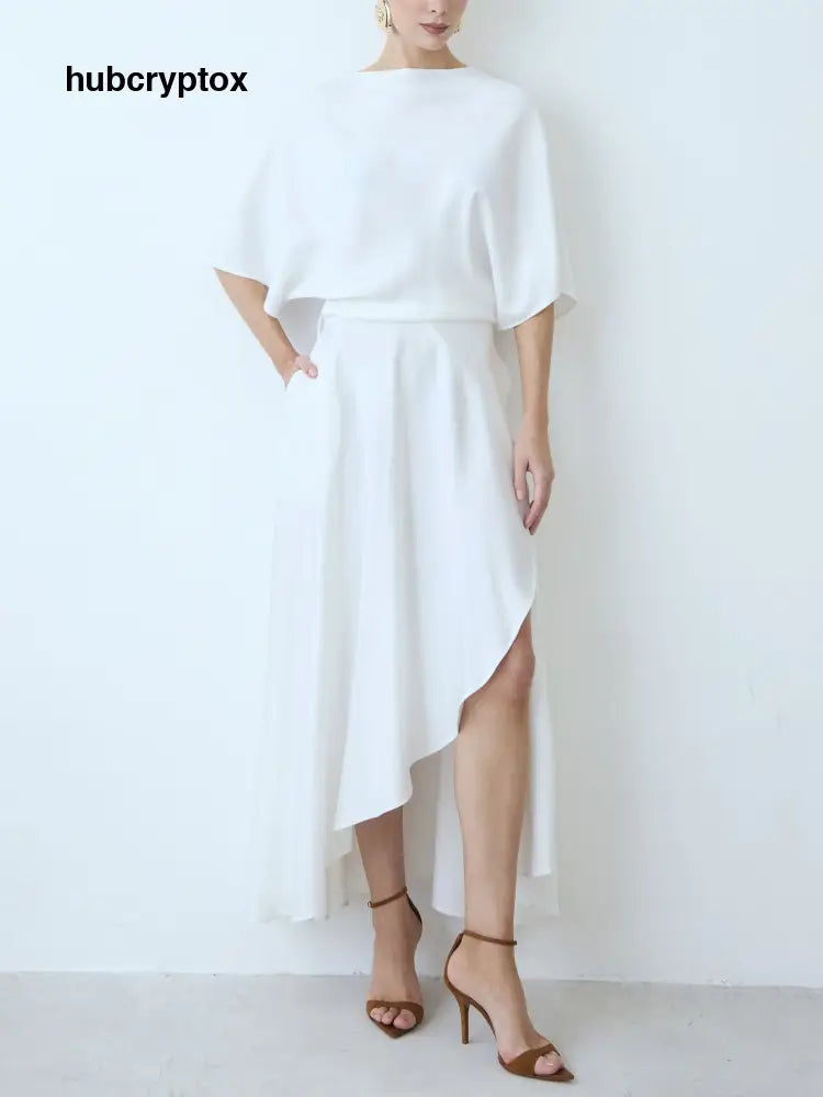 Elegant Satin Flowing Wrap Midi Dress - White / S