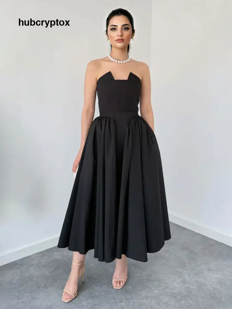 Elegant Strapless A-line Party Midi Dress - Black / S