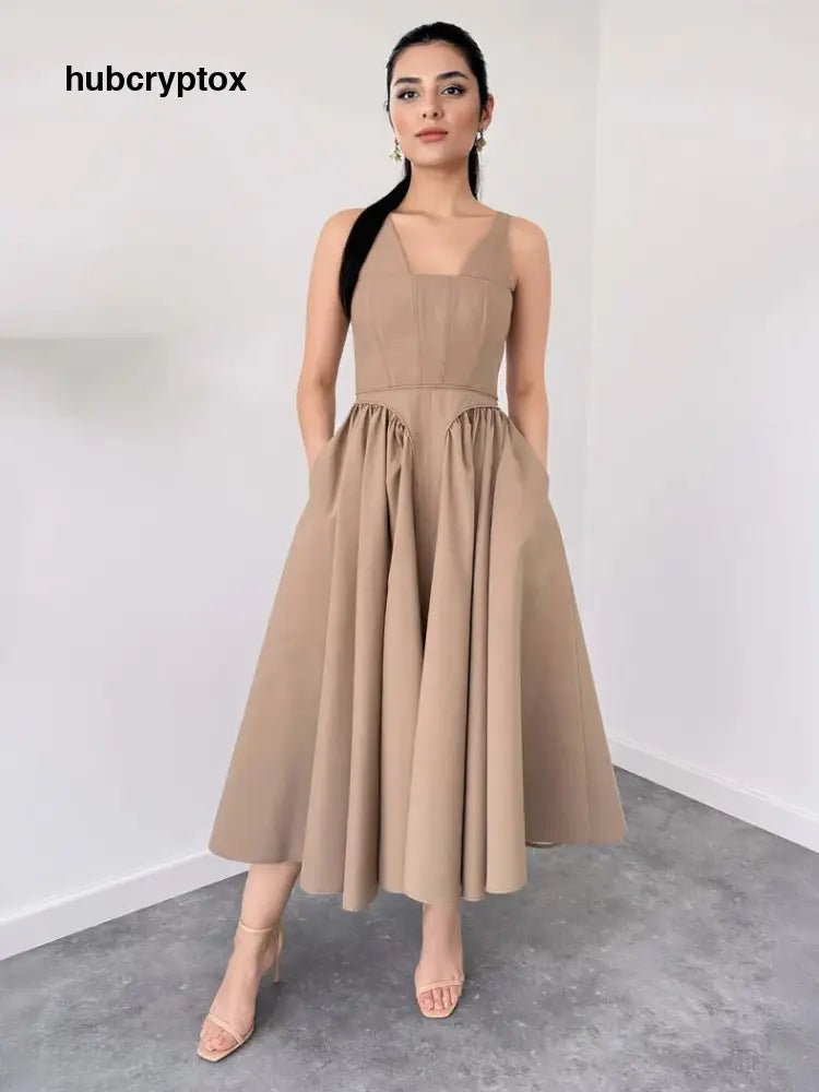 Elegant Strapless A-line Party Midi Dress - Khaki / S