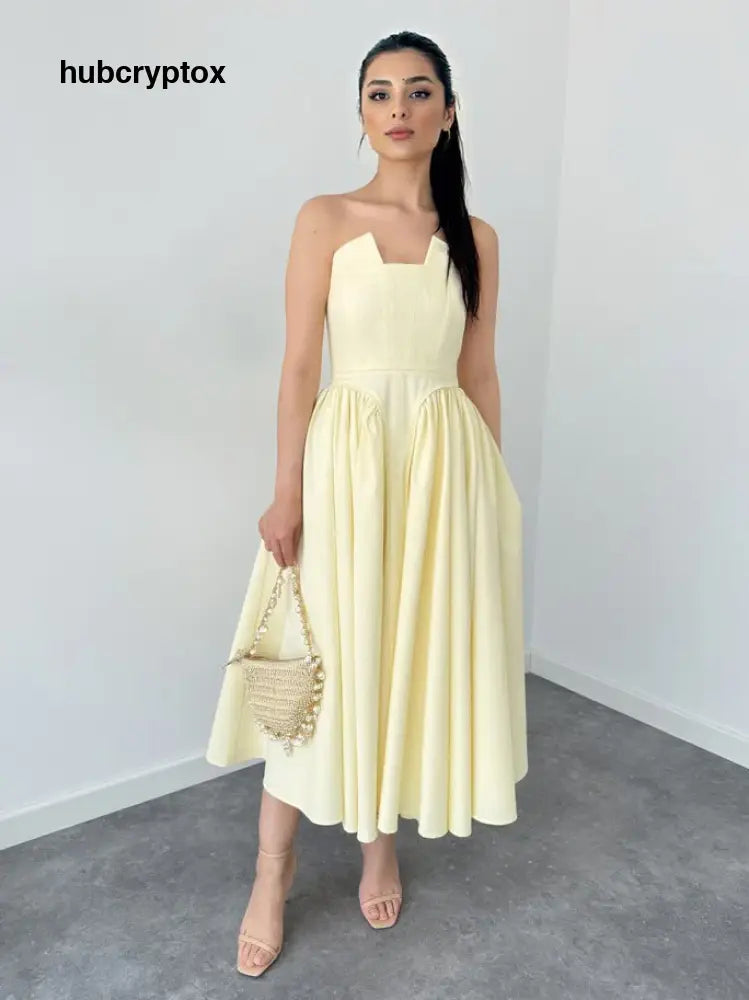 Elegant Strapless A-line Party Midi Dress - Yellow / S