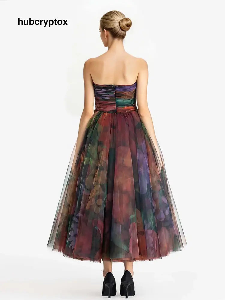 Elegant Strapless Gradient Tulle Midi Dress