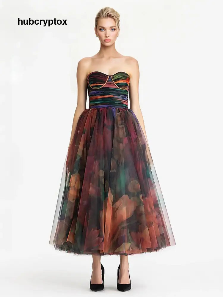 Elegant Strapless Gradient Tulle Midi Dress