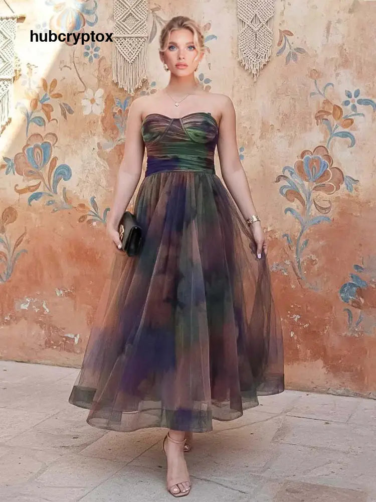 Elegant Strapless Gradient Tulle Midi Dress - Multi / S