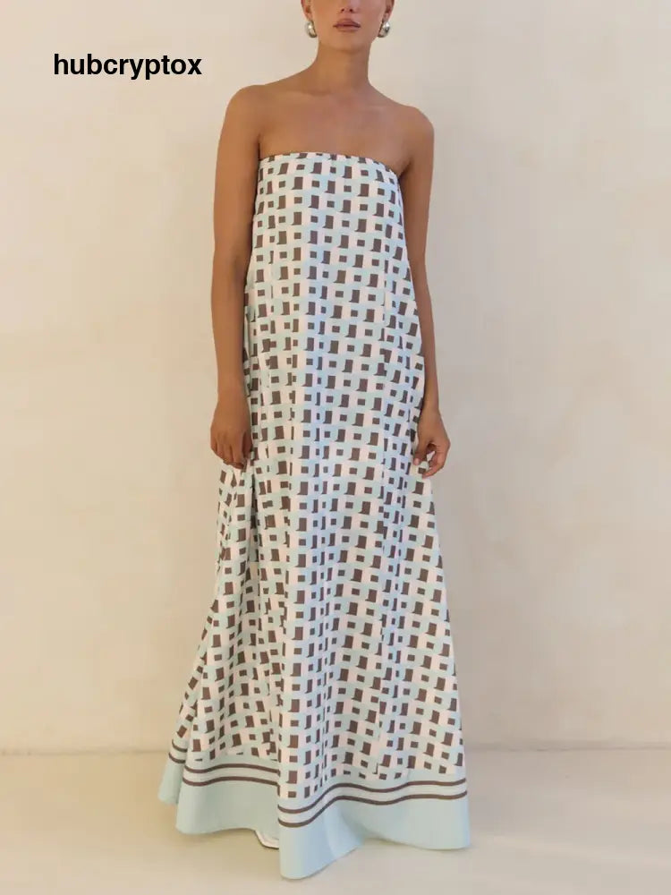 Exclusive Geometric Print Off-Shoulder A-Line Maxi Dress - Blue / S