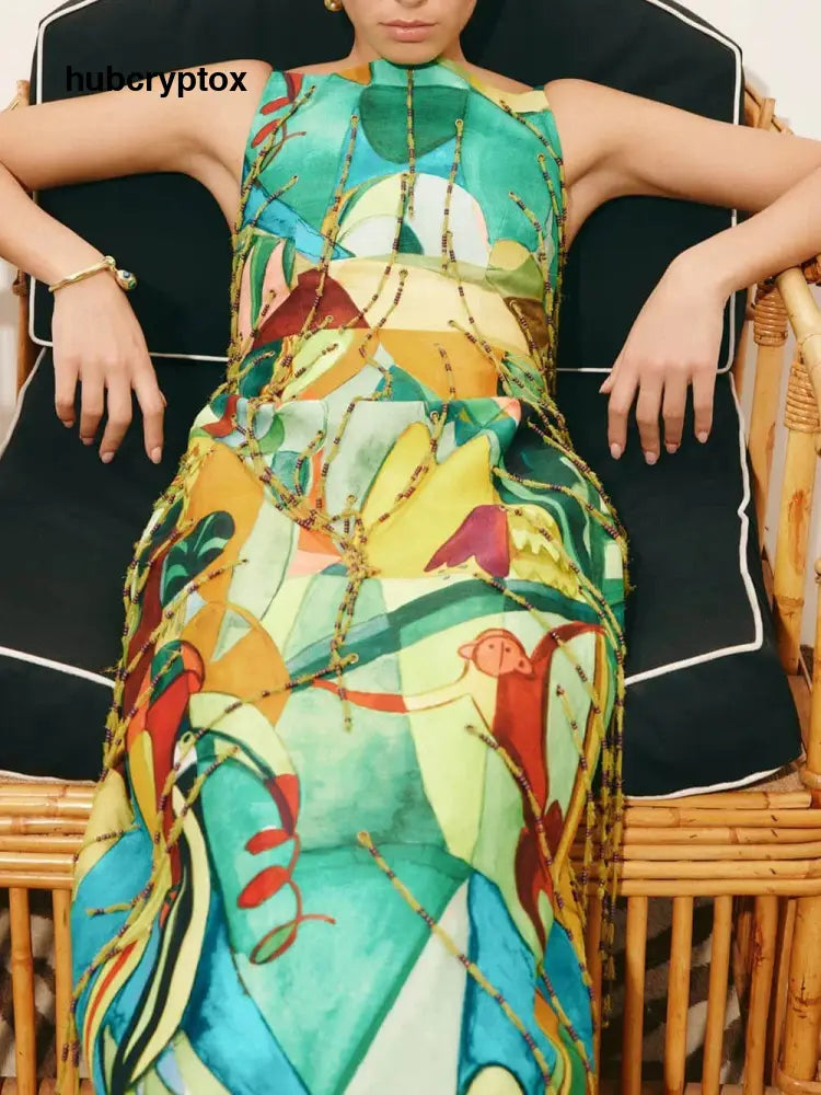 Exquisite Backless Printed Straight-Neck Fringe Midi Dress