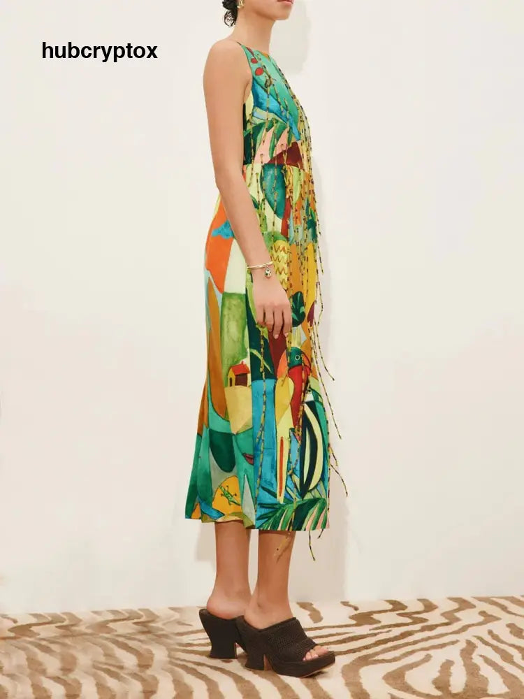 Exquisite Backless Printed Straight-Neck Fringe Midi Dress