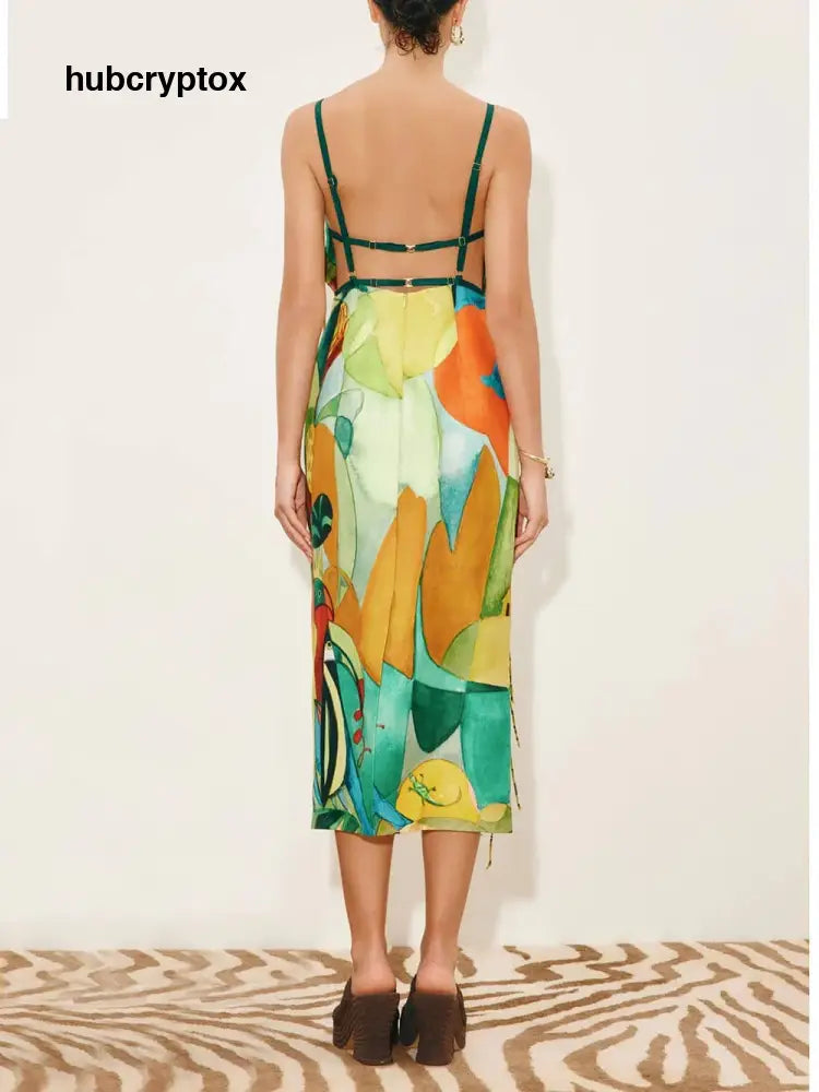 Exquisite Backless Printed Straight-Neck Fringe Midi Dress