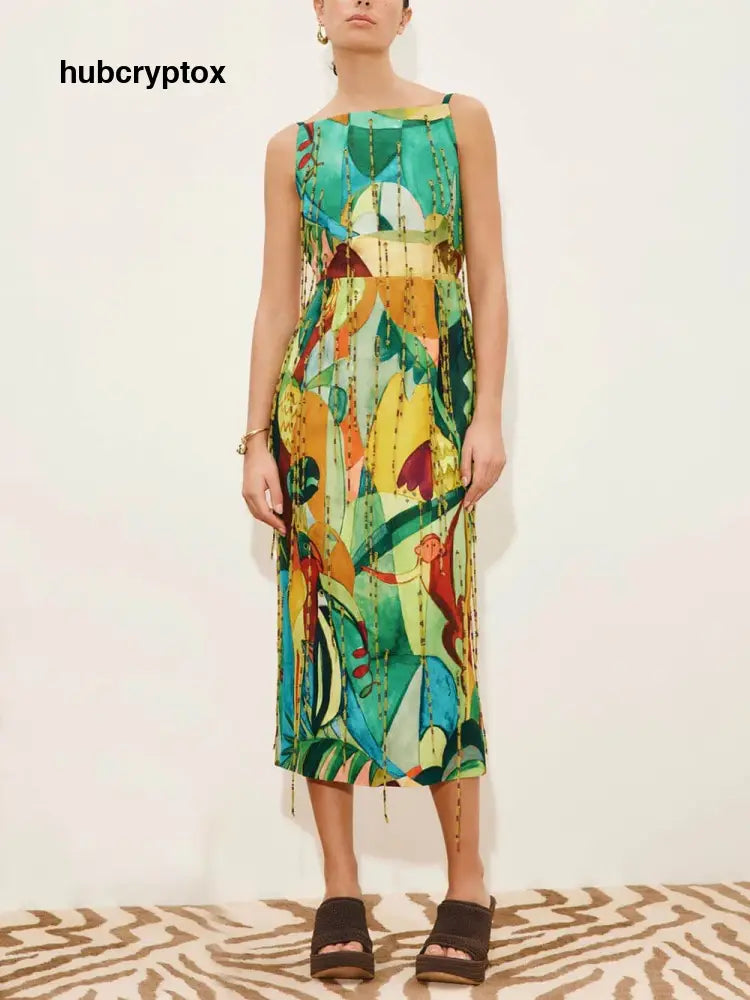Exquisite Backless Printed Straight-Neck Fringe Midi Dress - Multicolor / S