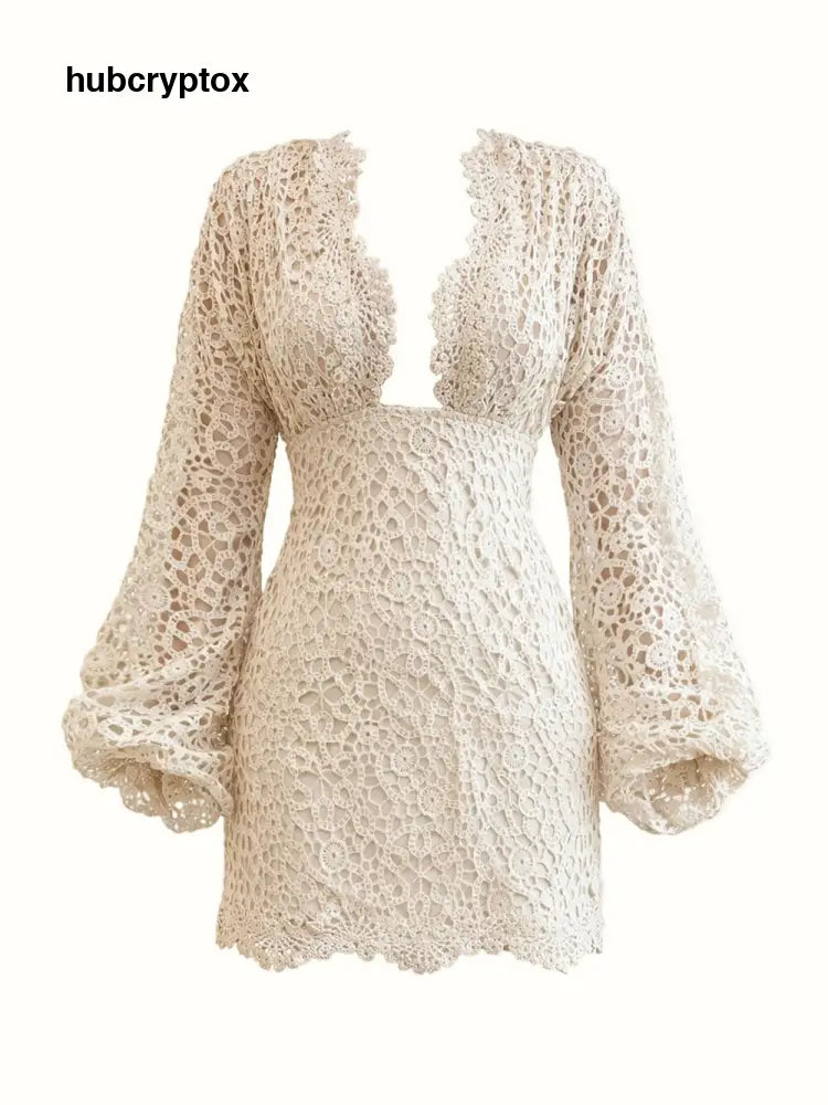 Exquisite Lace Puff Sleeve Mini Dress