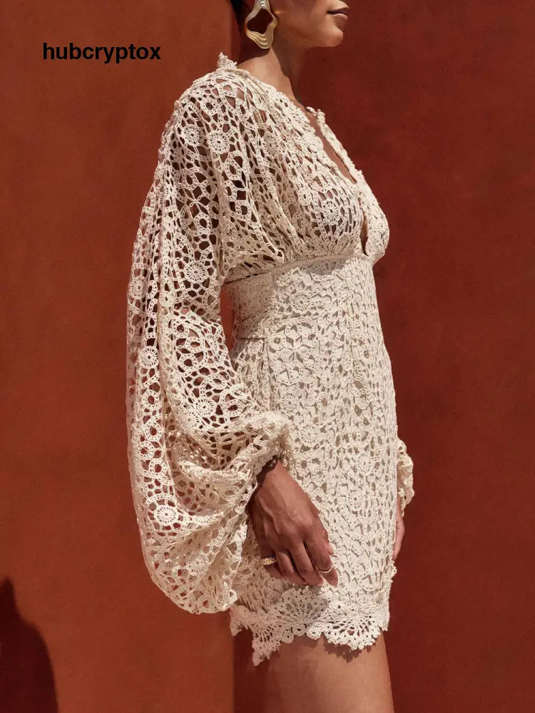 Exquisite Lace Puff Sleeve Mini Dress