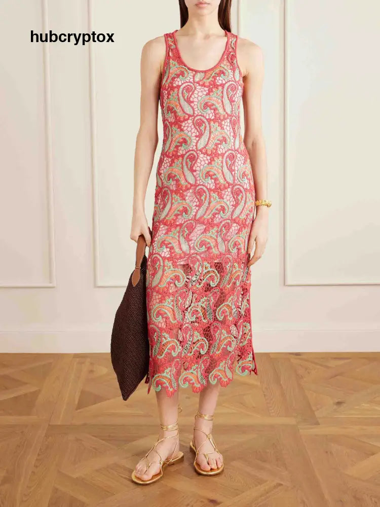 Exquisite Paisley Crochet Midi Dress - Red / S